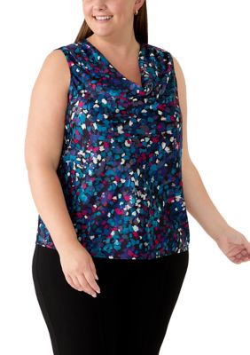 Kasper Women's Plus Size Extended Shoulder Pleated Floral Cowl Neck Top