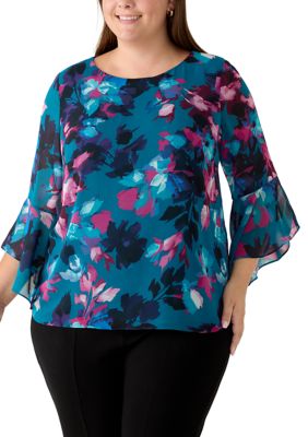 Kasper Women's Plus Size Ruffle Sleeve Floral Blouse
