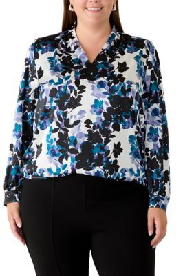Kasper Women's Plus Size V-Neck Pleated Satin Blouse, 2X