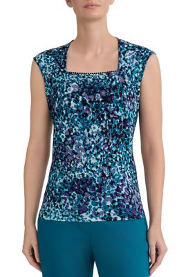 Kasper Women's Sleeveless Square Neck Camisole with Trim, Teal, Large