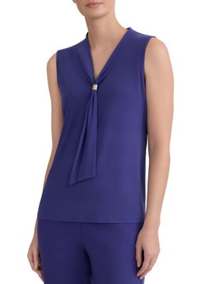 Kasper Women's Petite Sleeveless Neck Tie Tank Top with Trim