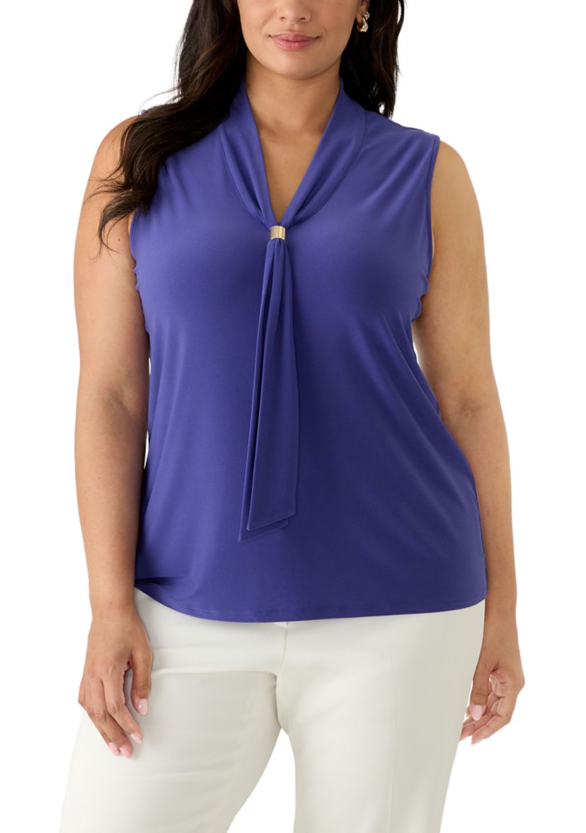 Kasper Plus Size Sleeveless Tie Neck Top with Trim | Belk