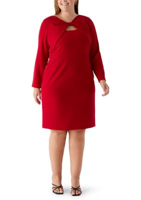 Kasper Women's Plus Size 3/4 Sleeve Twist Keyhole Sheath Dress, Red, 24 W