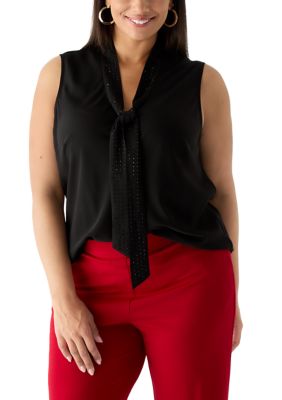 Kasper Women's Plus Size Sleeveless Bias Bow Blouse