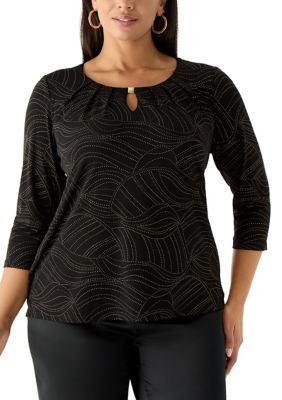 Kasper Women's Plus Size Three Quarter Sleeve Pleat Neck Top