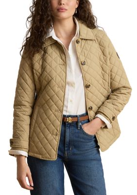 Lauren Ralph Lauren Women's Printed Quilted Faux Leather Coat with Patch, Tan, Large