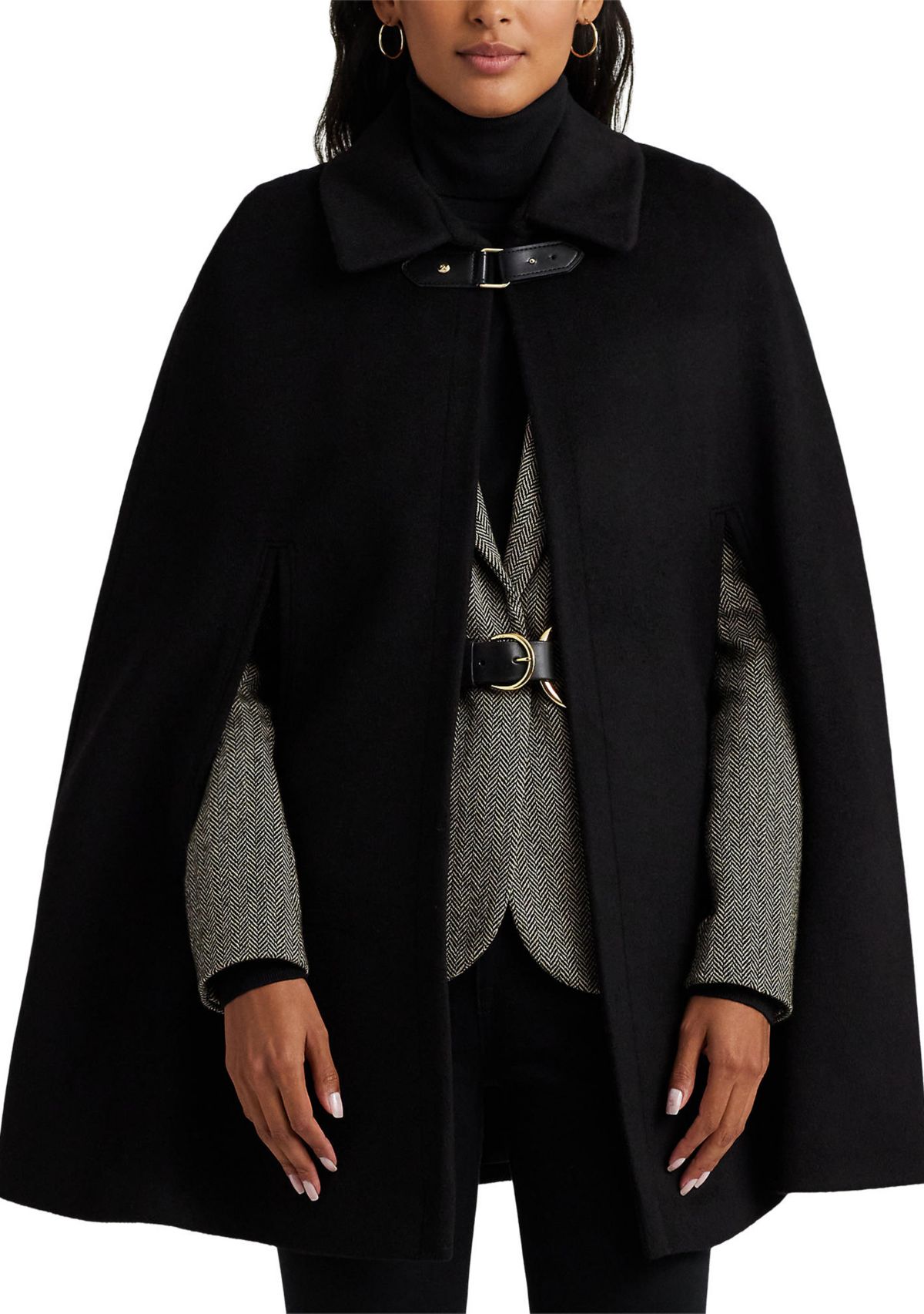 Wool Cape with Faux Leather Buckle Closure