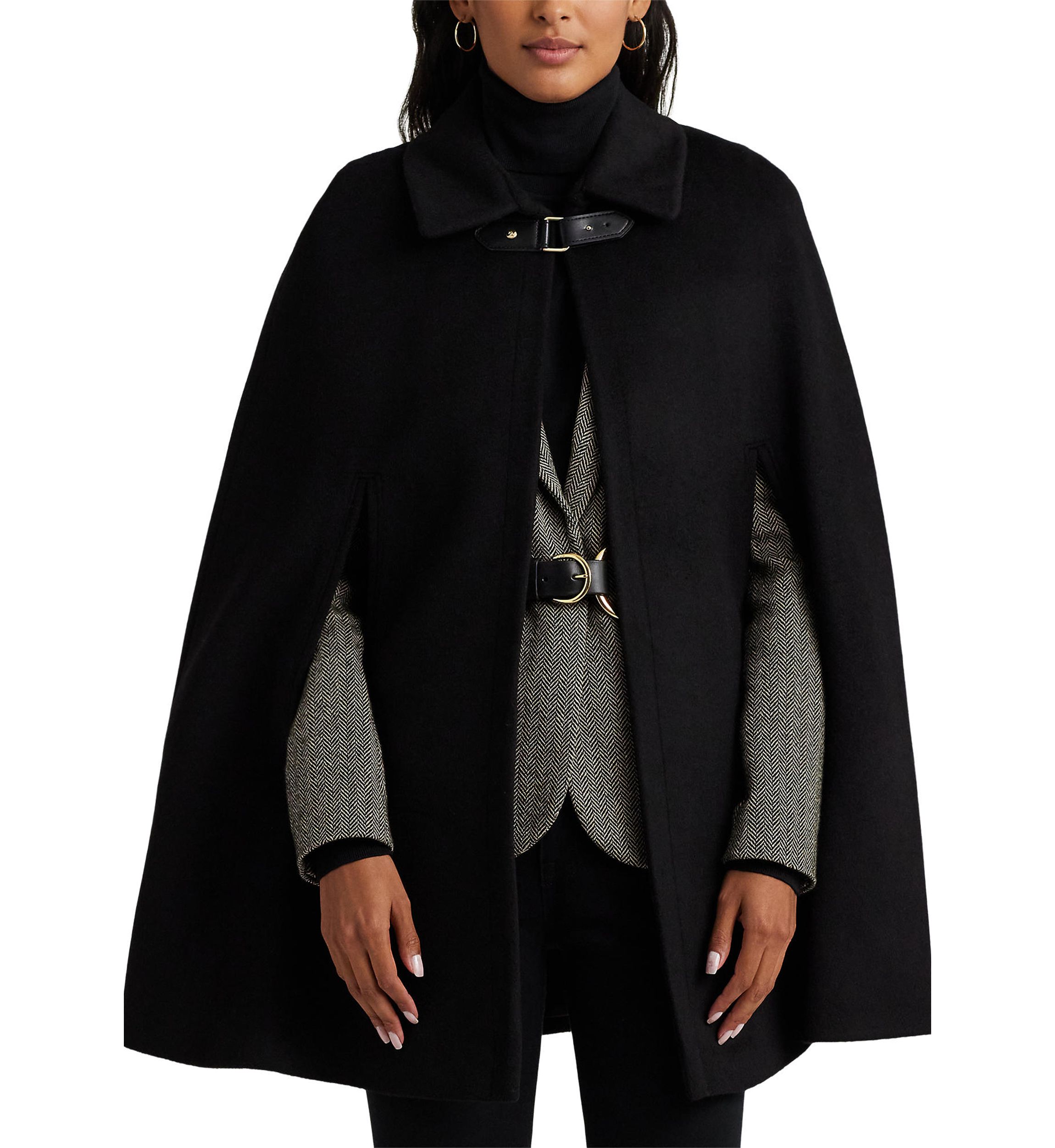 Wool Cape with Faux Leather Buckle Closure