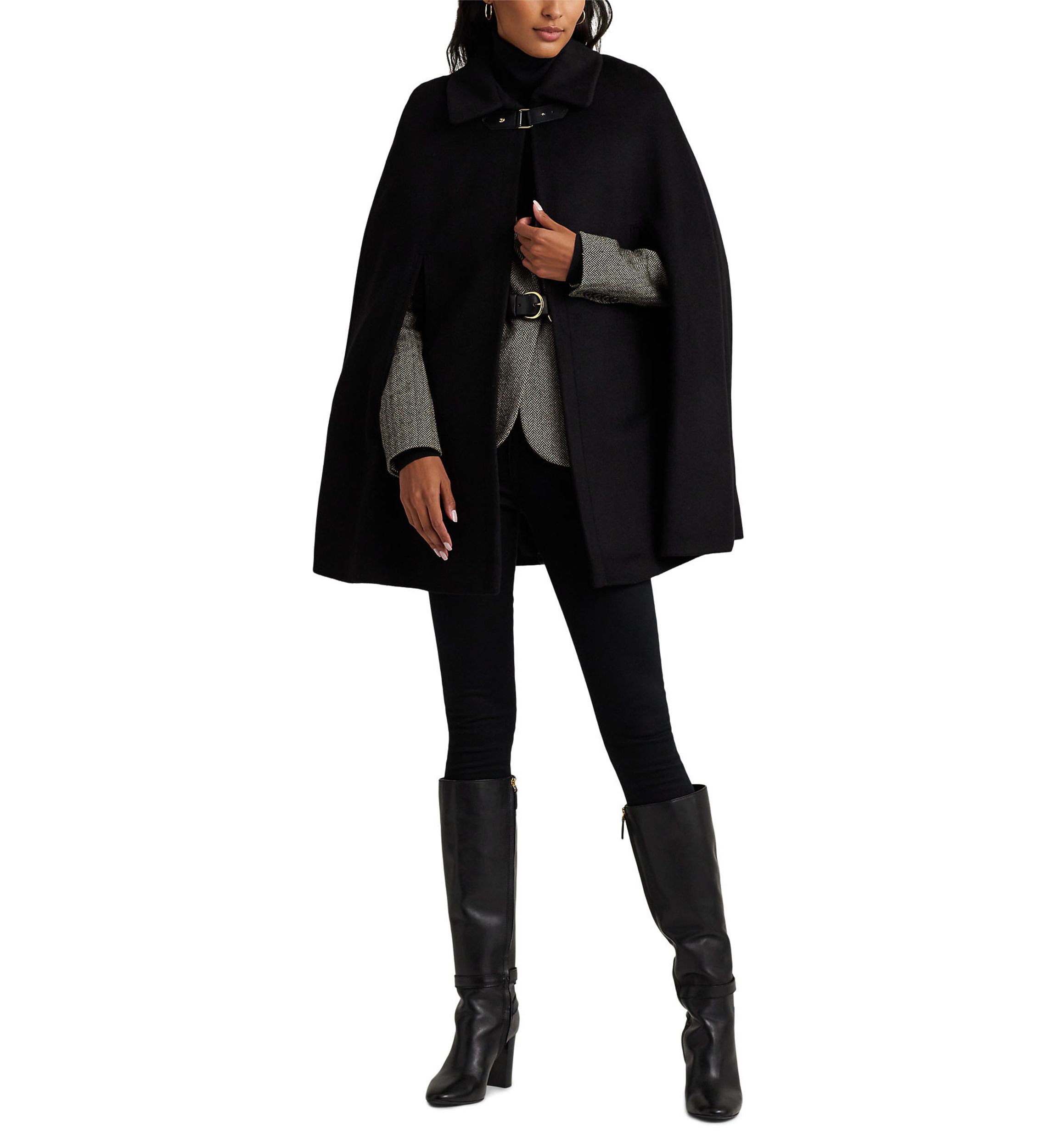 Wool Cape with Faux Leather Buckle Closure