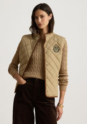 Lauren Ralph Lauren Women's Quilted Crest Vest with Corduroy Trim, Tan, Large