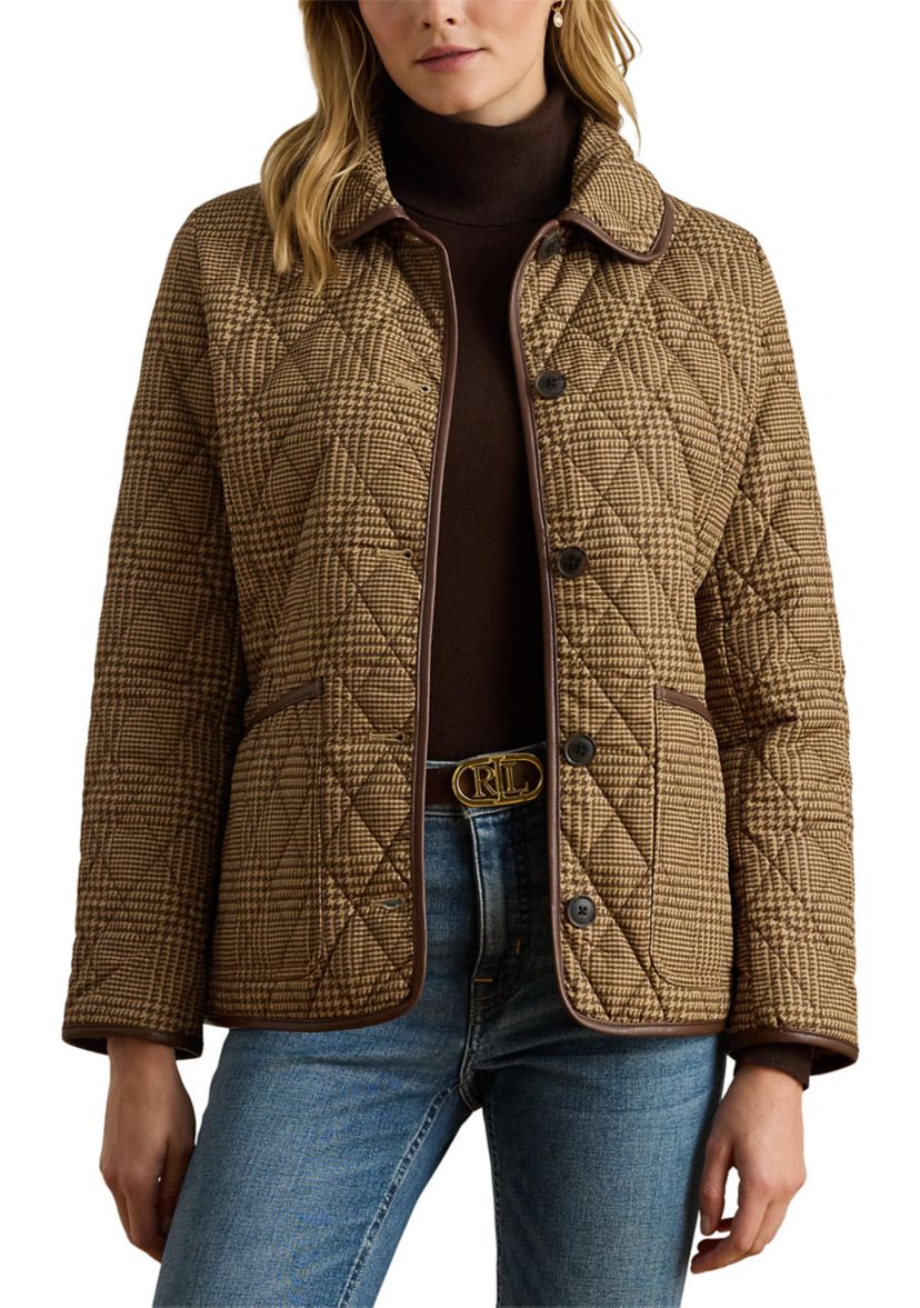 Womens Button Front Quilted Houndstooth Coat