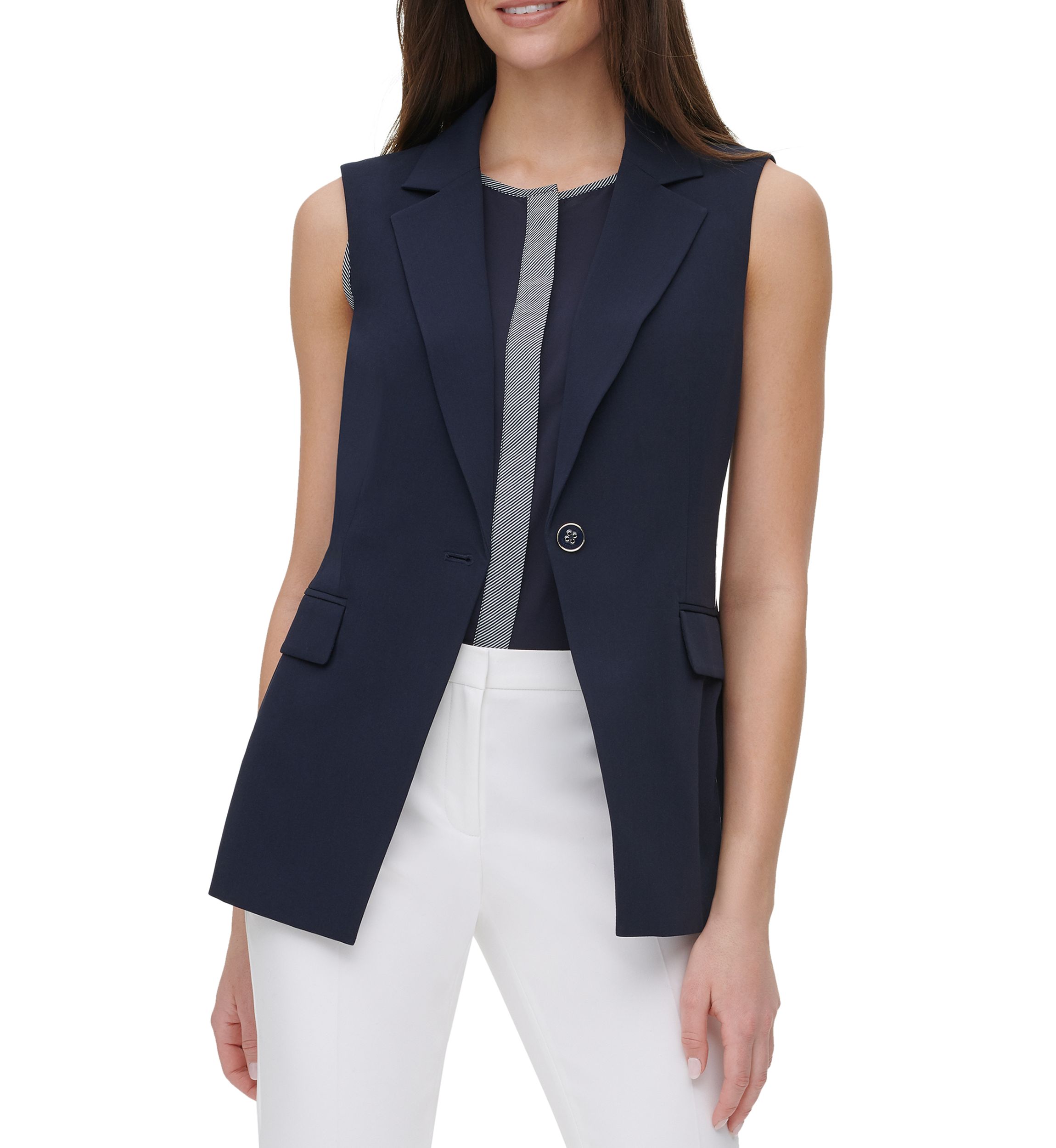 Womens One Button Piped Sleeveless Jacket
