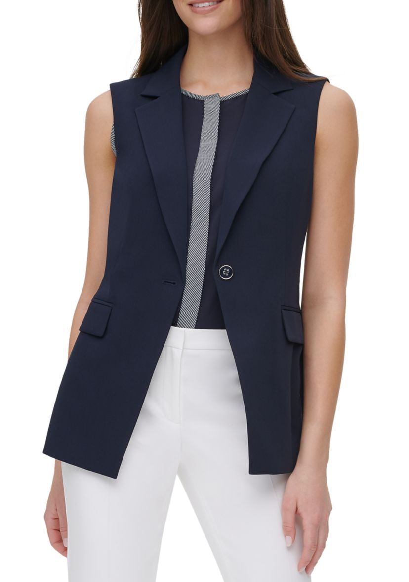 Womens One Button Piped Sleeveless Jacket