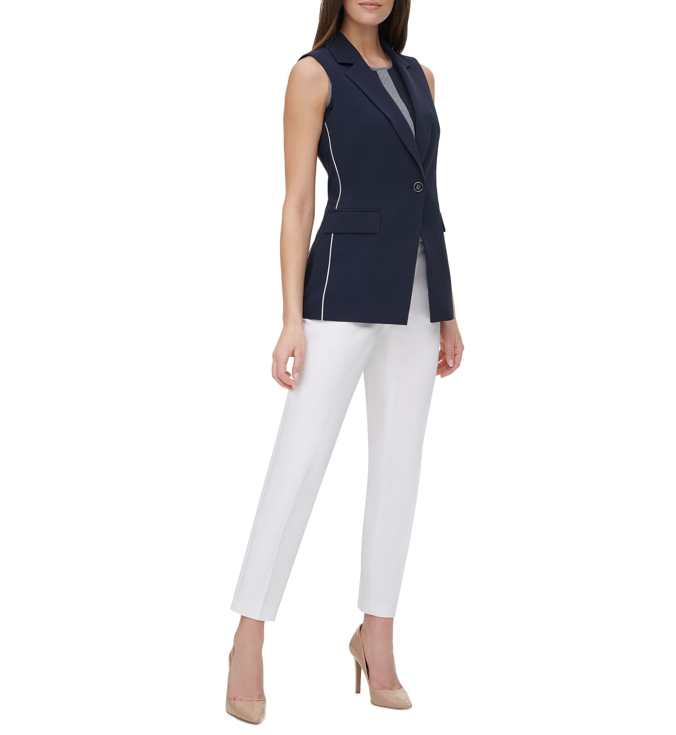 Womens One Button Piped Sleeveless Jacket