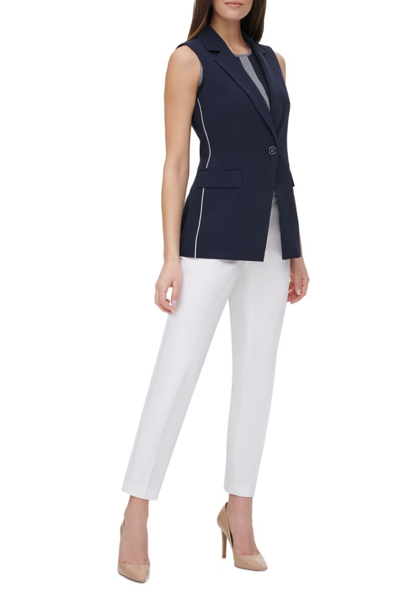 Womens One Button Piped Sleeveless Jacket