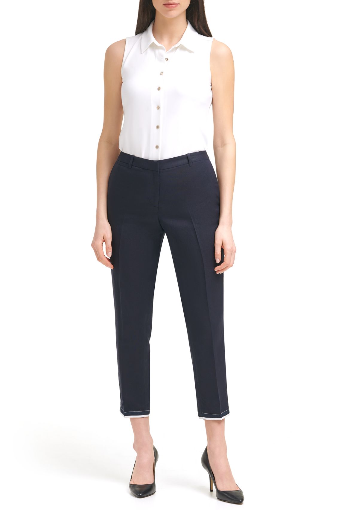 Womens Grosgrain Cropped Linen Ankle Pants