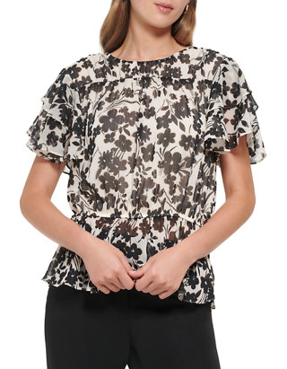 Tommy Hilfiger Women's Short Ruffle Sleeve Floral Print Blouse