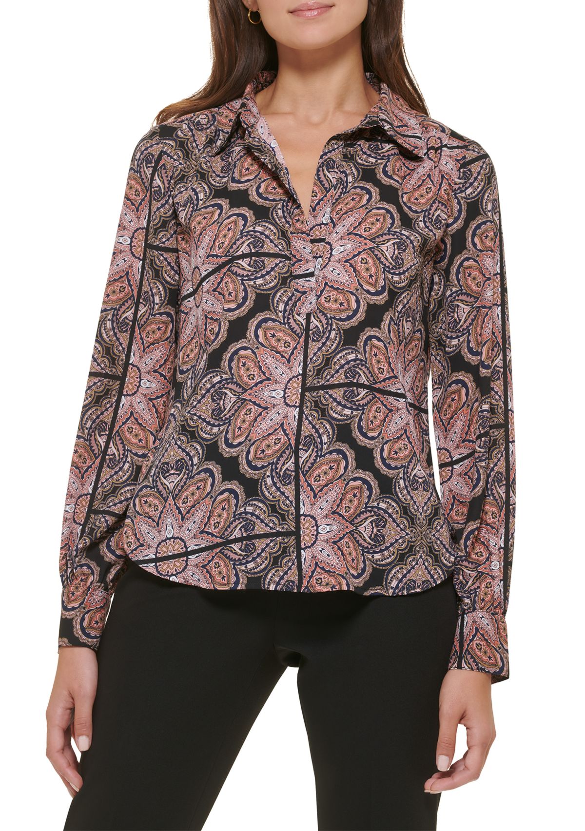 Womens Printed Long Sleeve Johnny Collar Blouse
