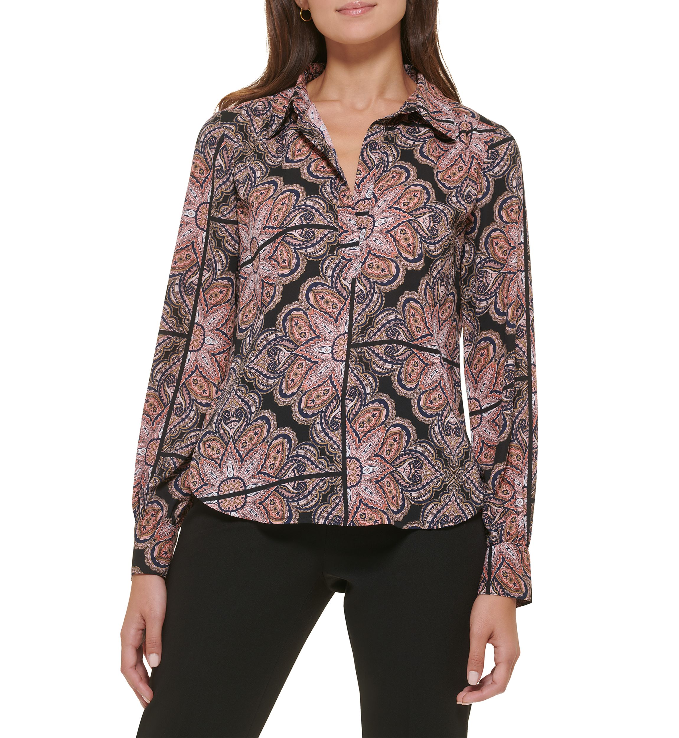Womens Printed Long Sleeve Johnny Collar Blouse