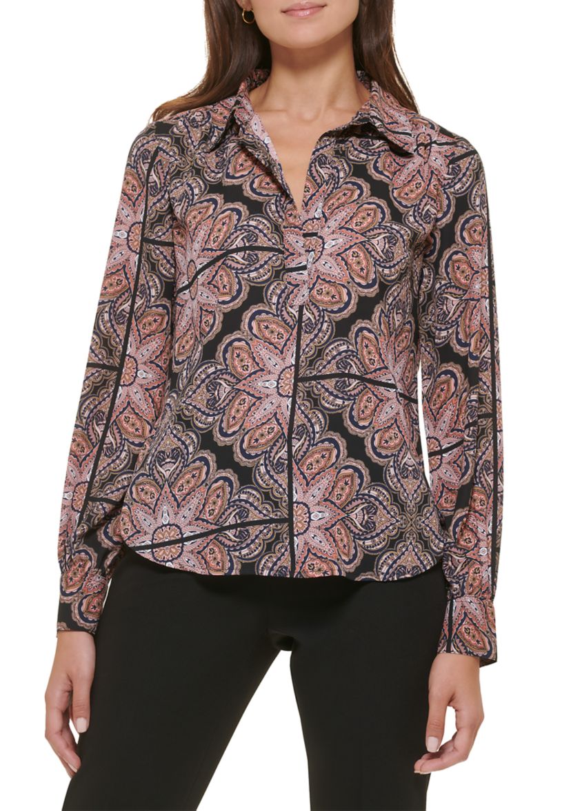 Womens Printed Long Sleeve Johnny Collar Blouse