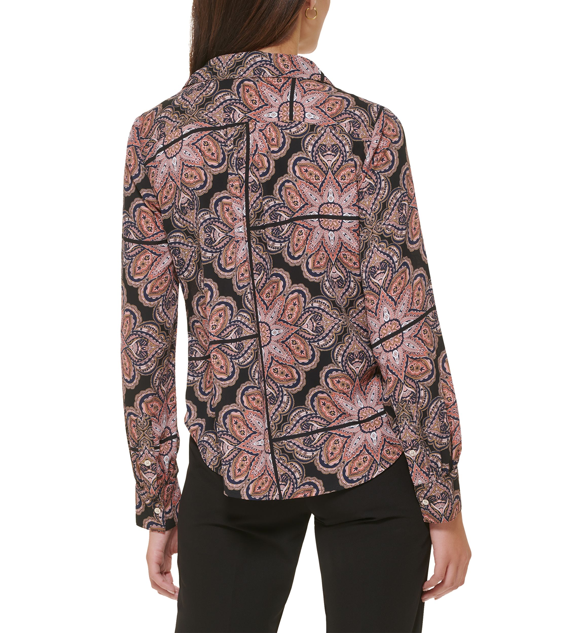 Womens Printed Long Sleeve Johnny Collar Blouse