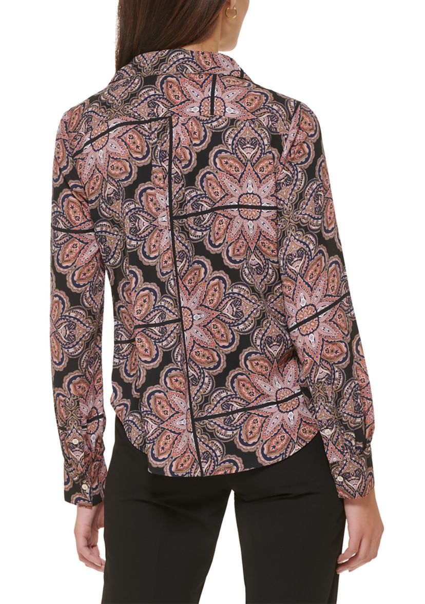 Womens Printed Long Sleeve Johnny Collar Blouse