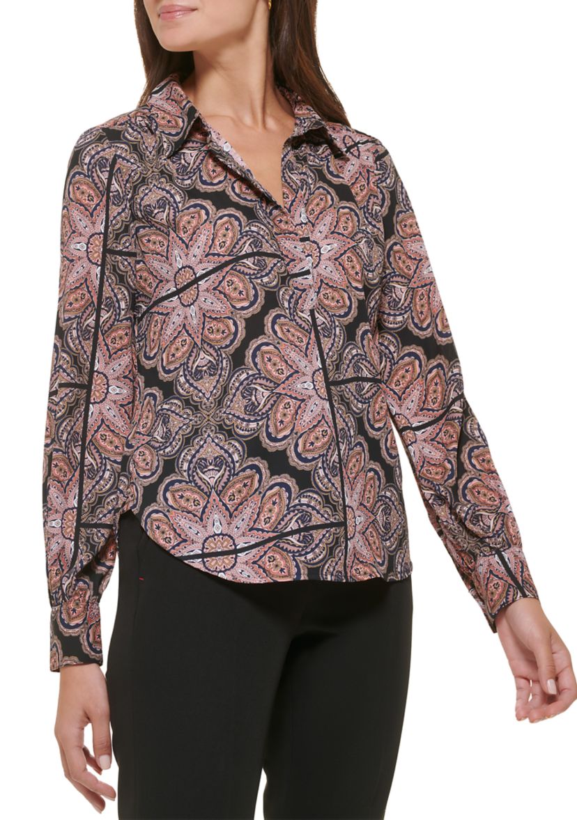 Womens Printed Long Sleeve Johnny Collar Blouse