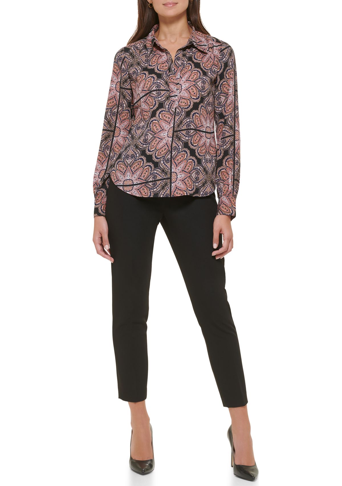 Womens Printed Long Sleeve Johnny Collar Blouse