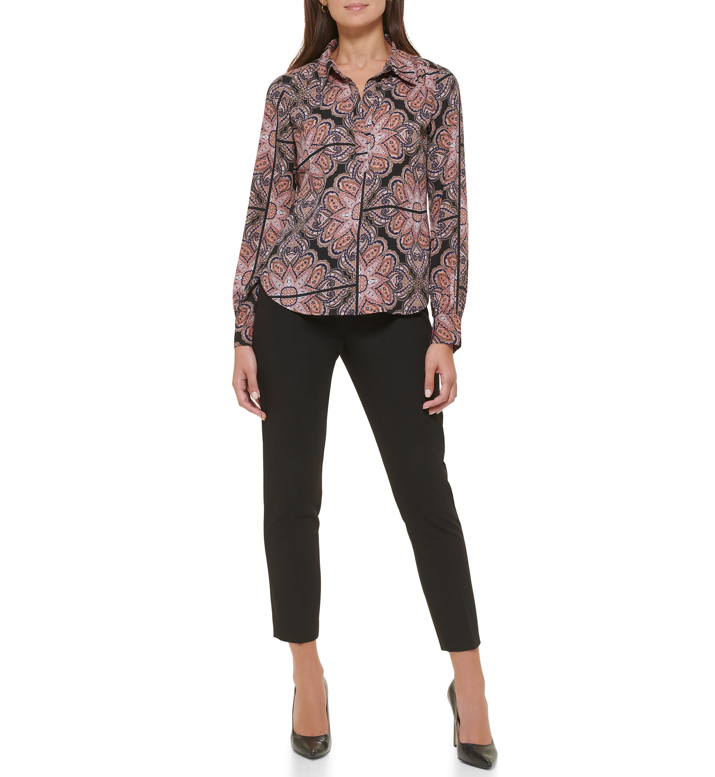 Womens Printed Long Sleeve Johnny Collar Blouse