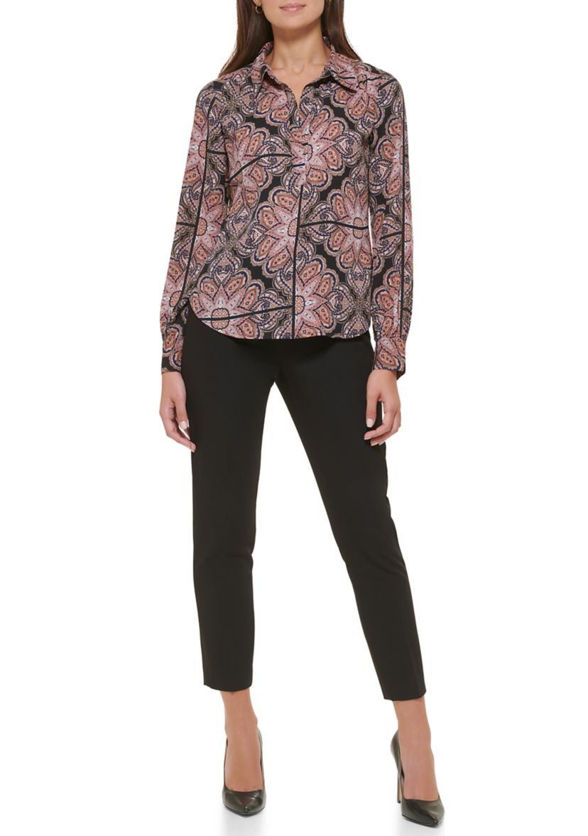 Womens Printed Long Sleeve Johnny Collar Blouse