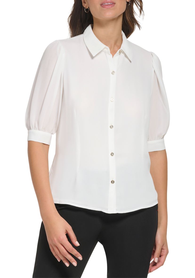 Womens Short Puff Sleeve Solid Button Down Knit Top 