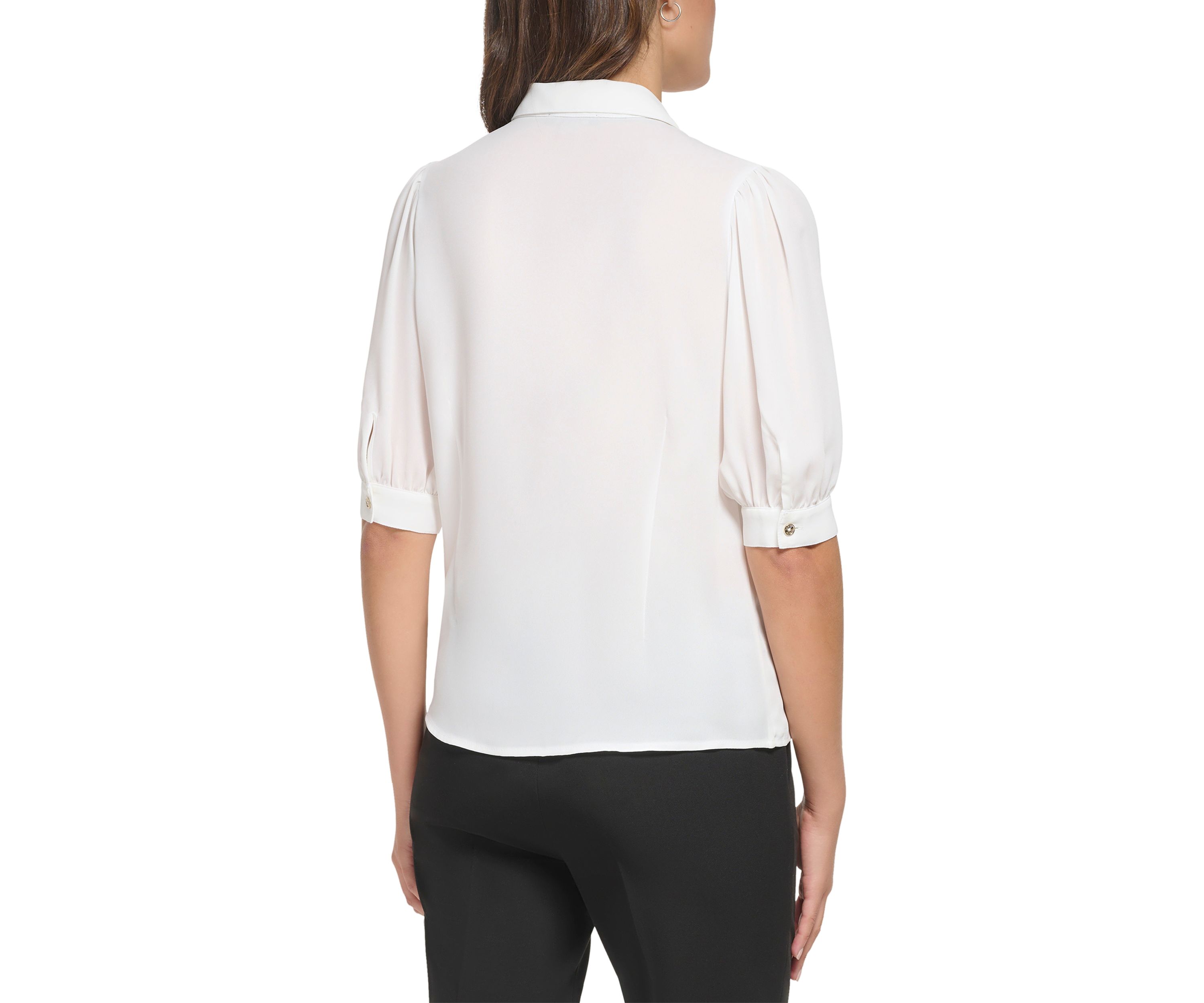 Womens Short Puff Sleeve Solid Button Down Knit Top 