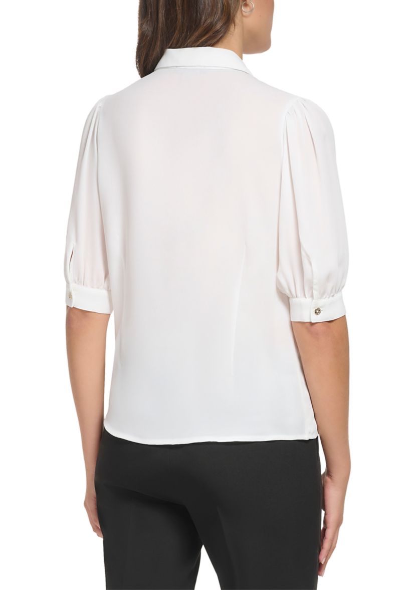 Womens Short Puff Sleeve Solid Button Down Knit Top 