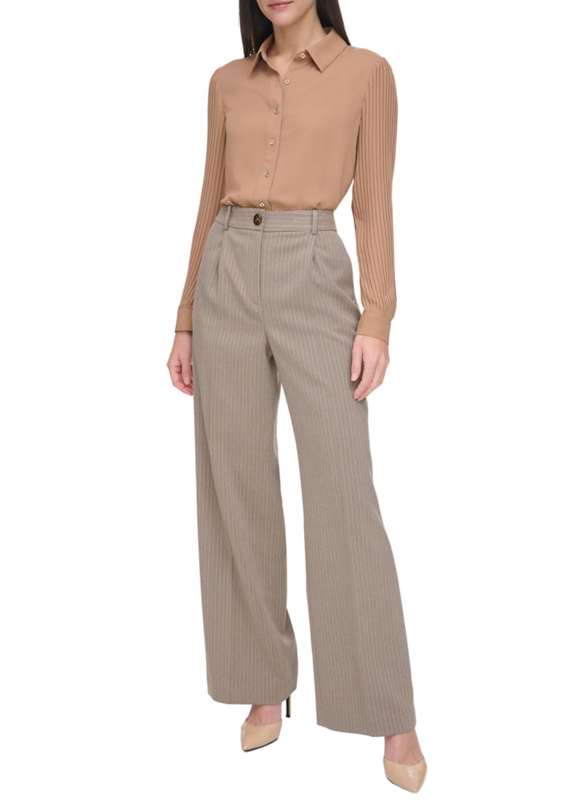 Womens High Rise Wide Leg Pinstripe Trouser Pants