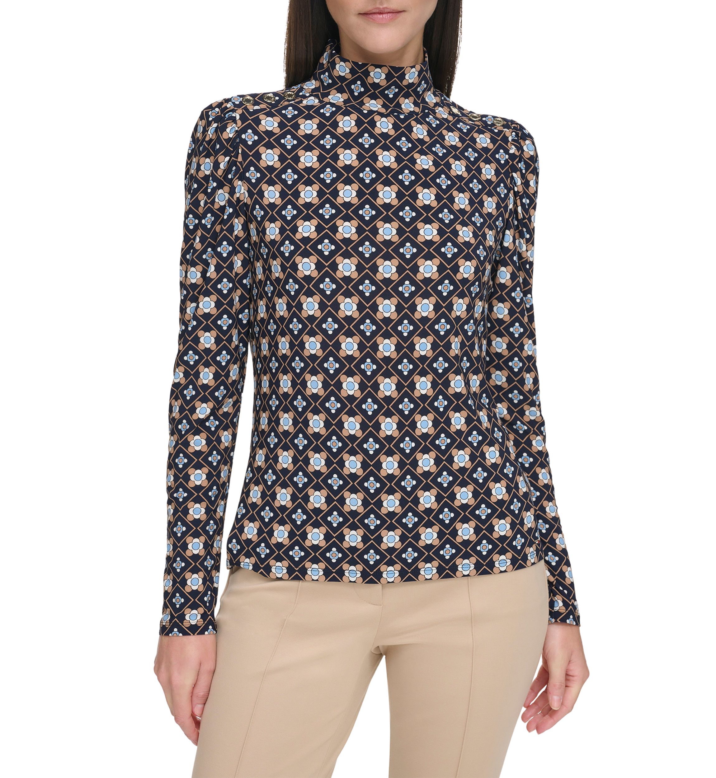 Womens Long Sleeve Printed Mock Neck Blouse
