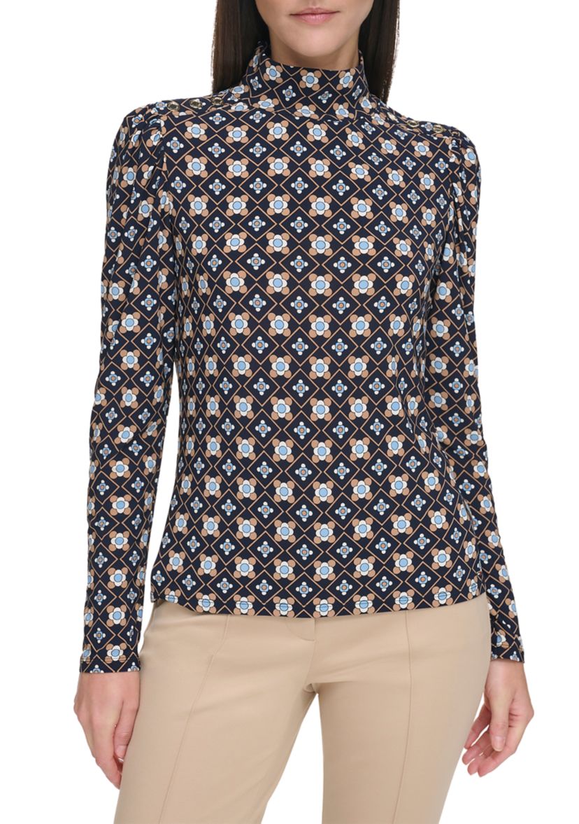 Womens Long Sleeve Printed Mock Neck Blouse