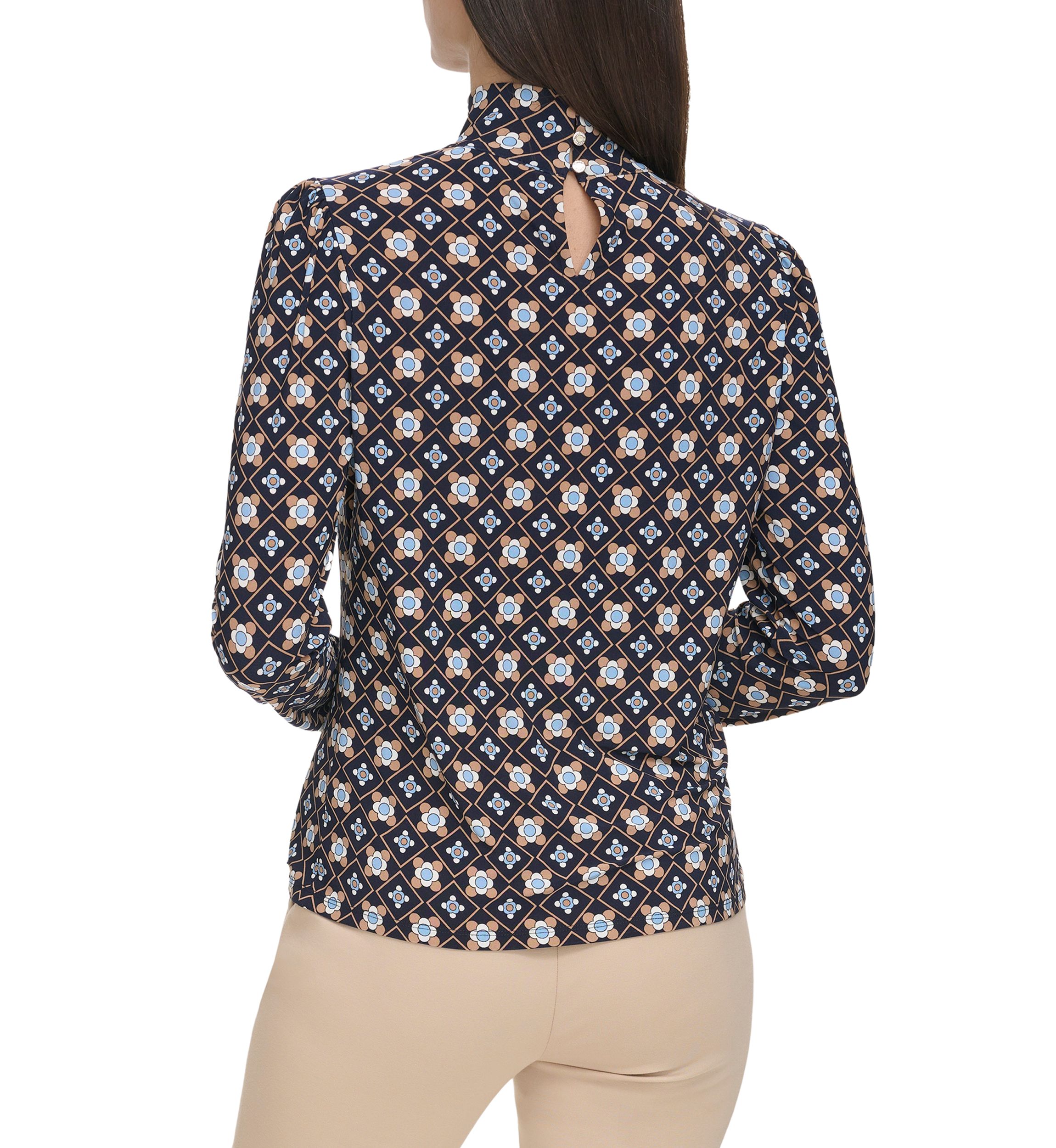 Womens Long Sleeve Printed Mock Neck Blouse