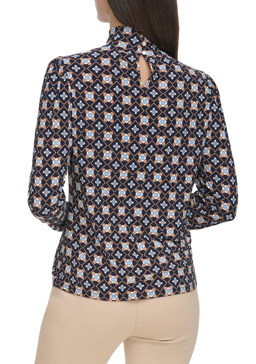 Womens Long Sleeve Printed Mock Neck Blouse