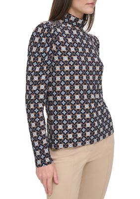 Women's Long Sleeve Printed Mock Neck Blouse