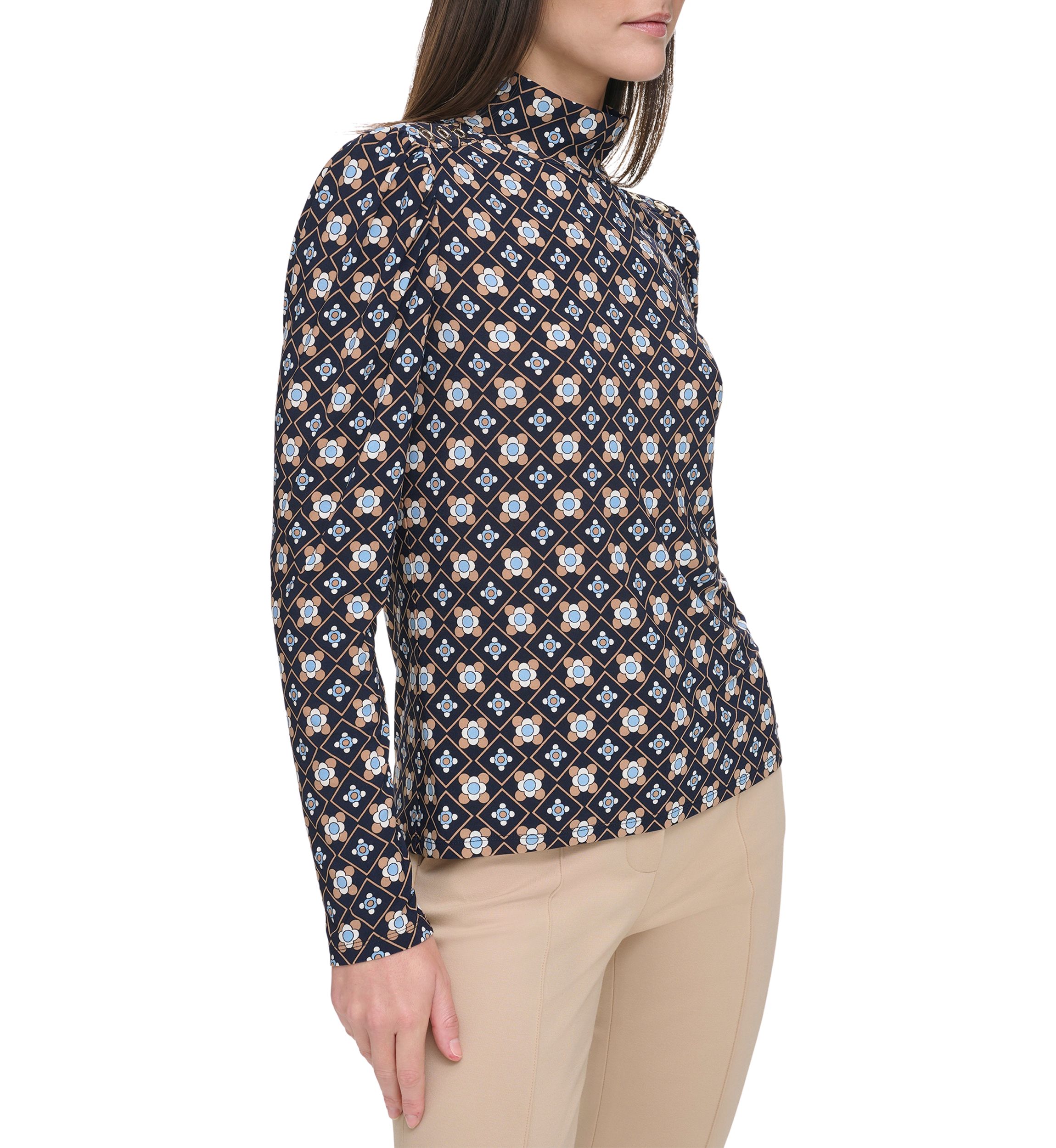 Womens Long Sleeve Printed Mock Neck Blouse