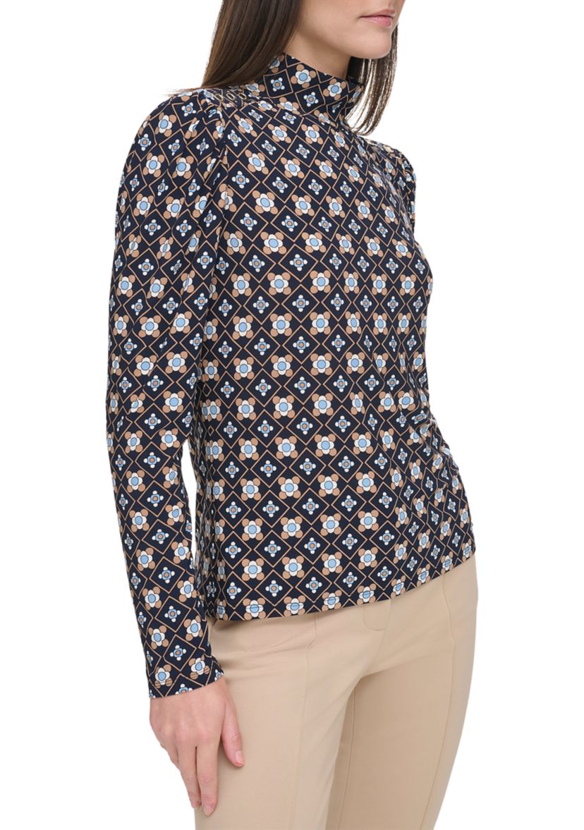 Womens Long Sleeve Printed Mock Neck Blouse