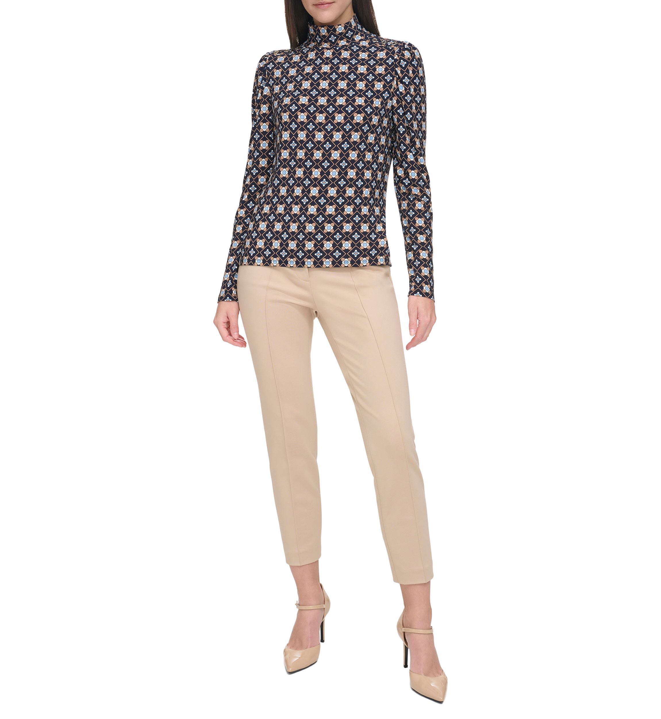Womens Long Sleeve Printed Mock Neck Blouse
