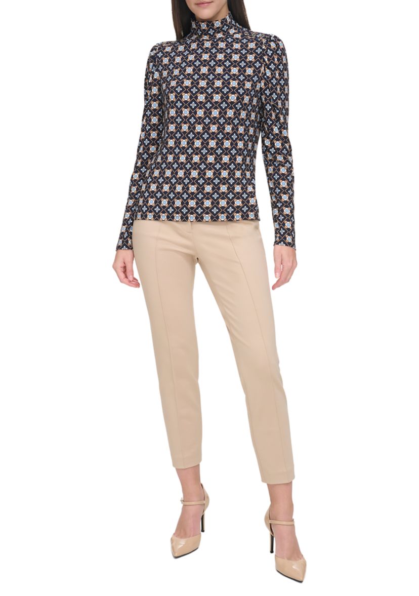 Womens Long Sleeve Printed Mock Neck Blouse