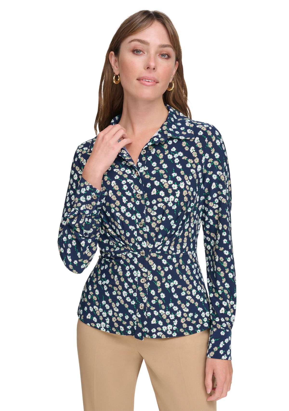 Womens Ditsy Floral Button Down Knit Top