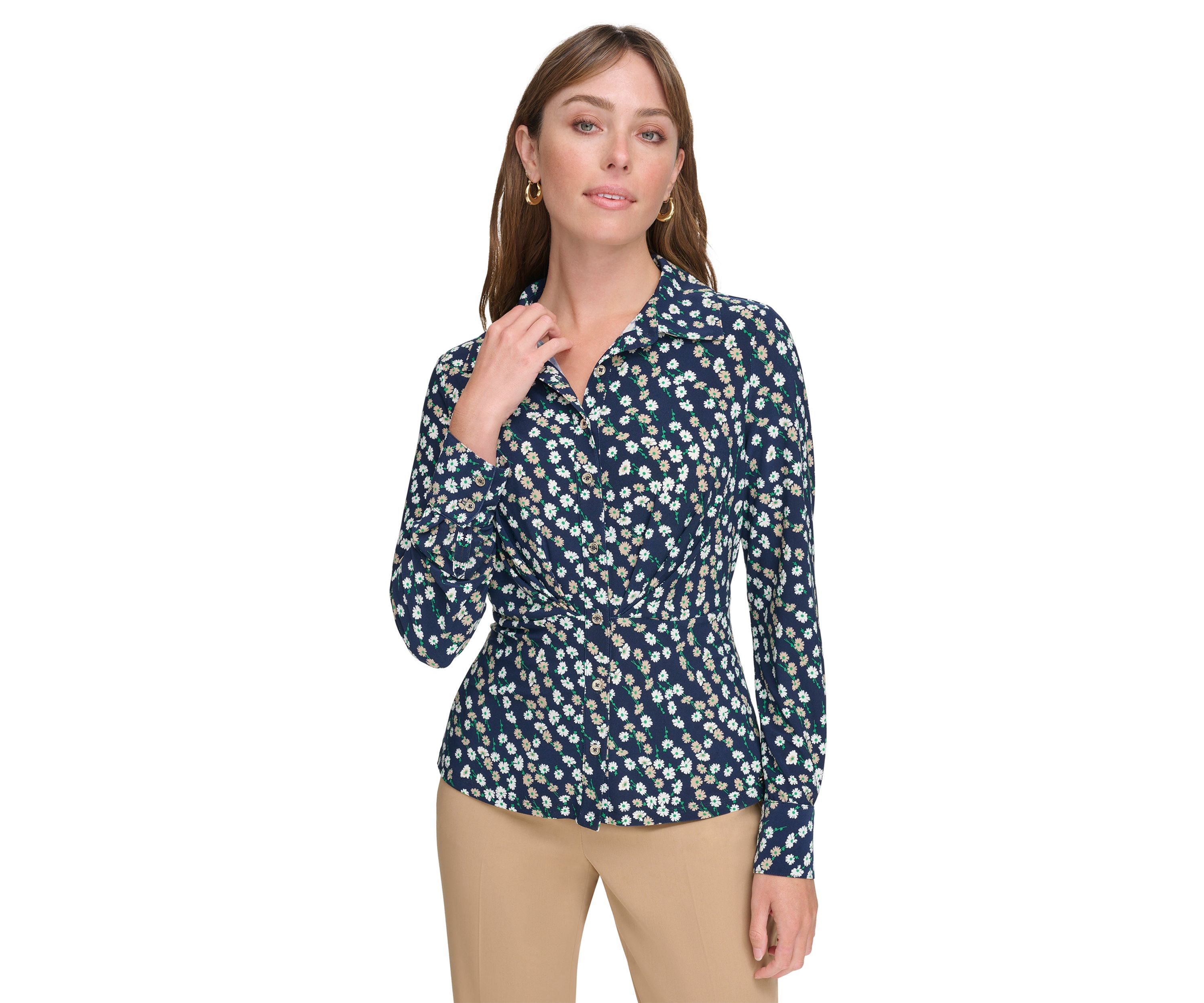 Womens Ditsy Floral Button Down Knit Top