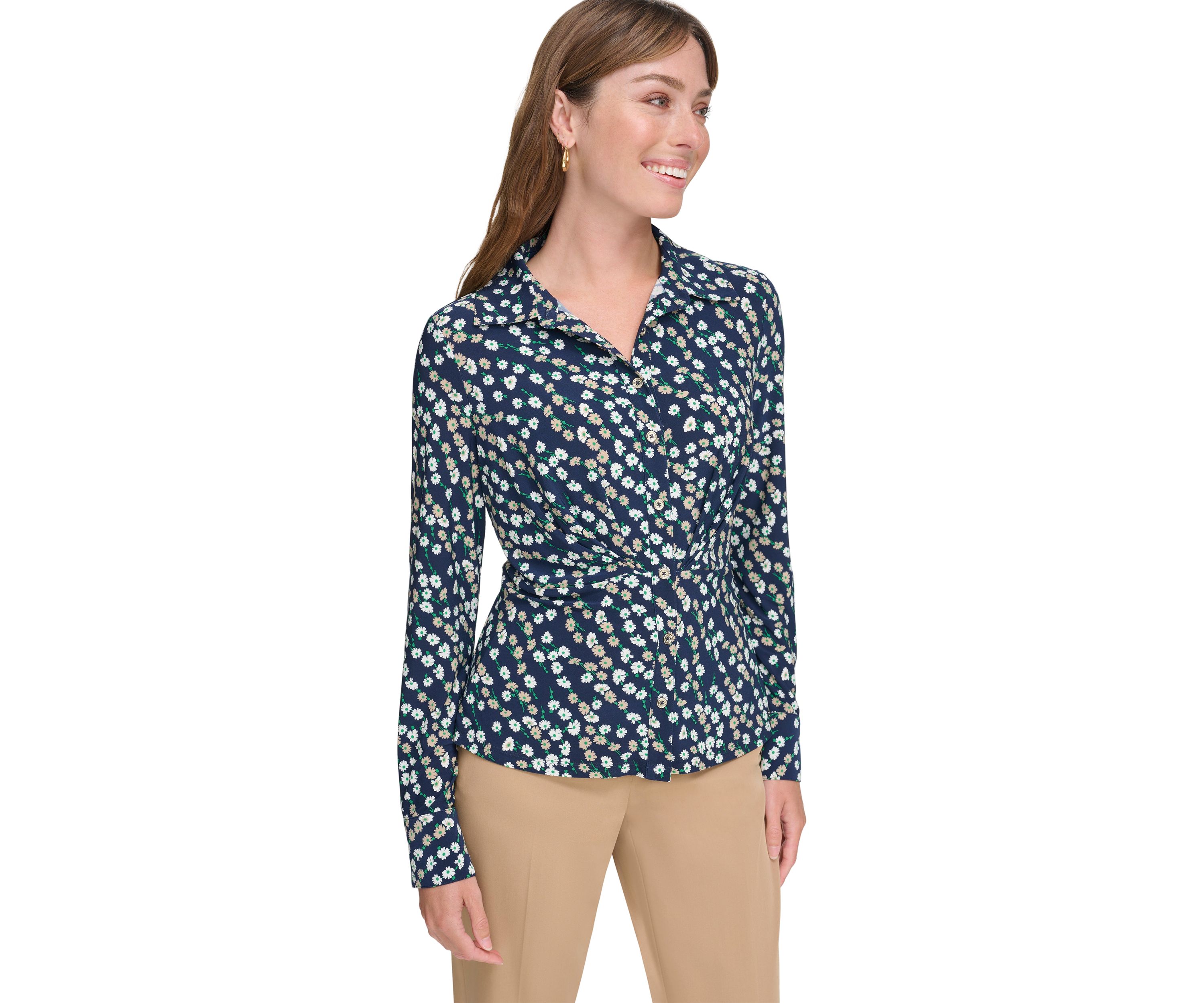 Womens Ditsy Floral Button Down Knit Top