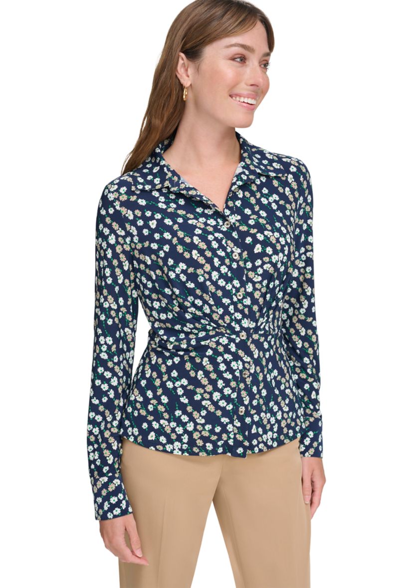 Womens Ditsy Floral Button Down Knit Top