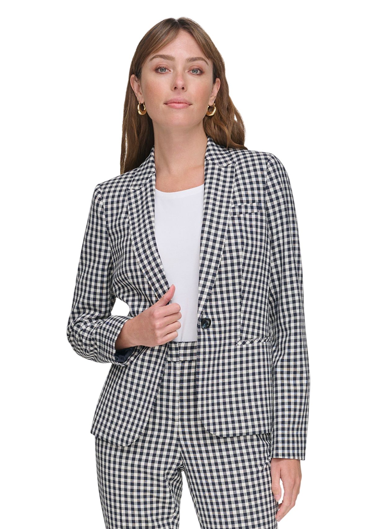 Womens Gingham One Button Blazer