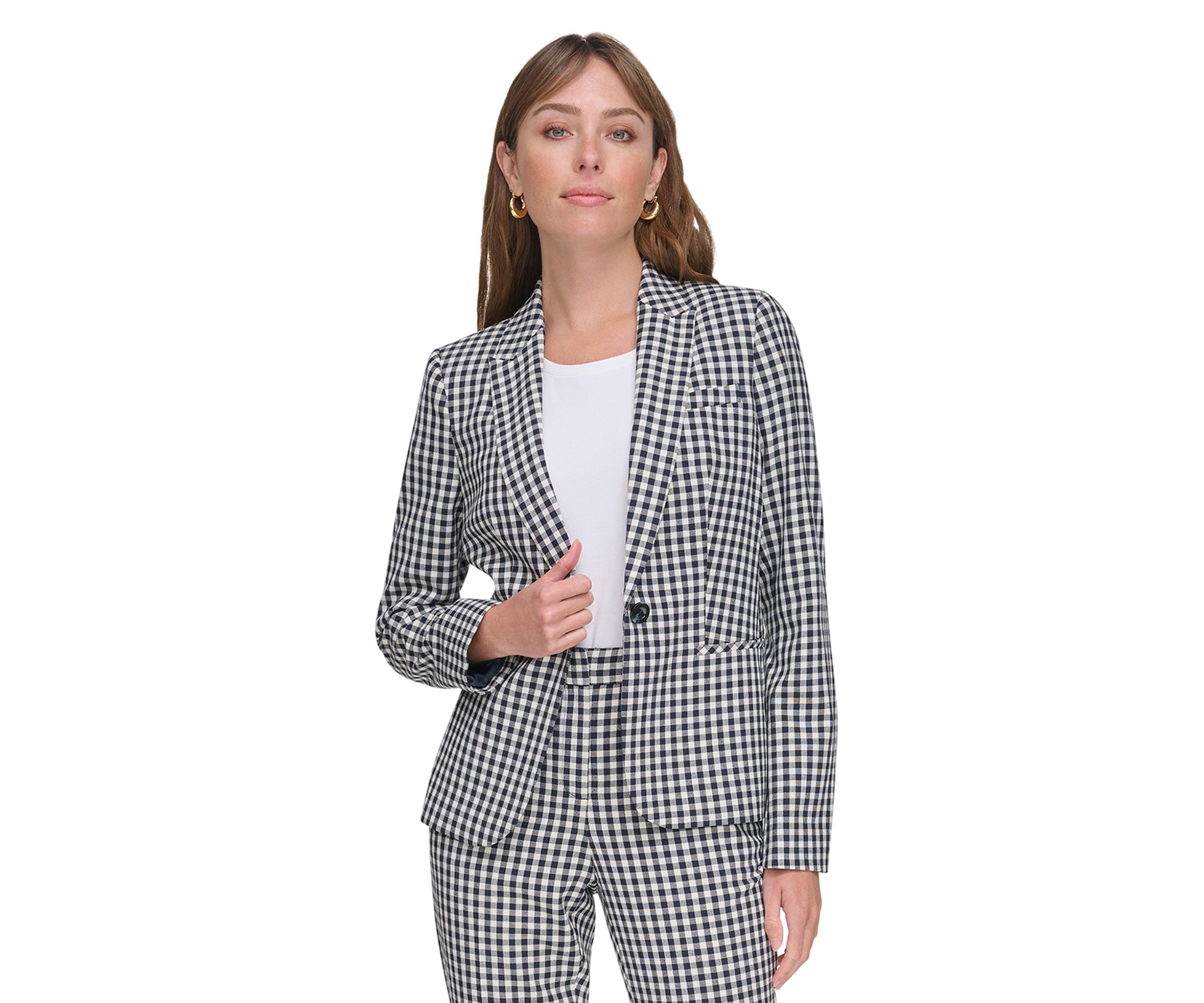 Womens Gingham One Button Blazer