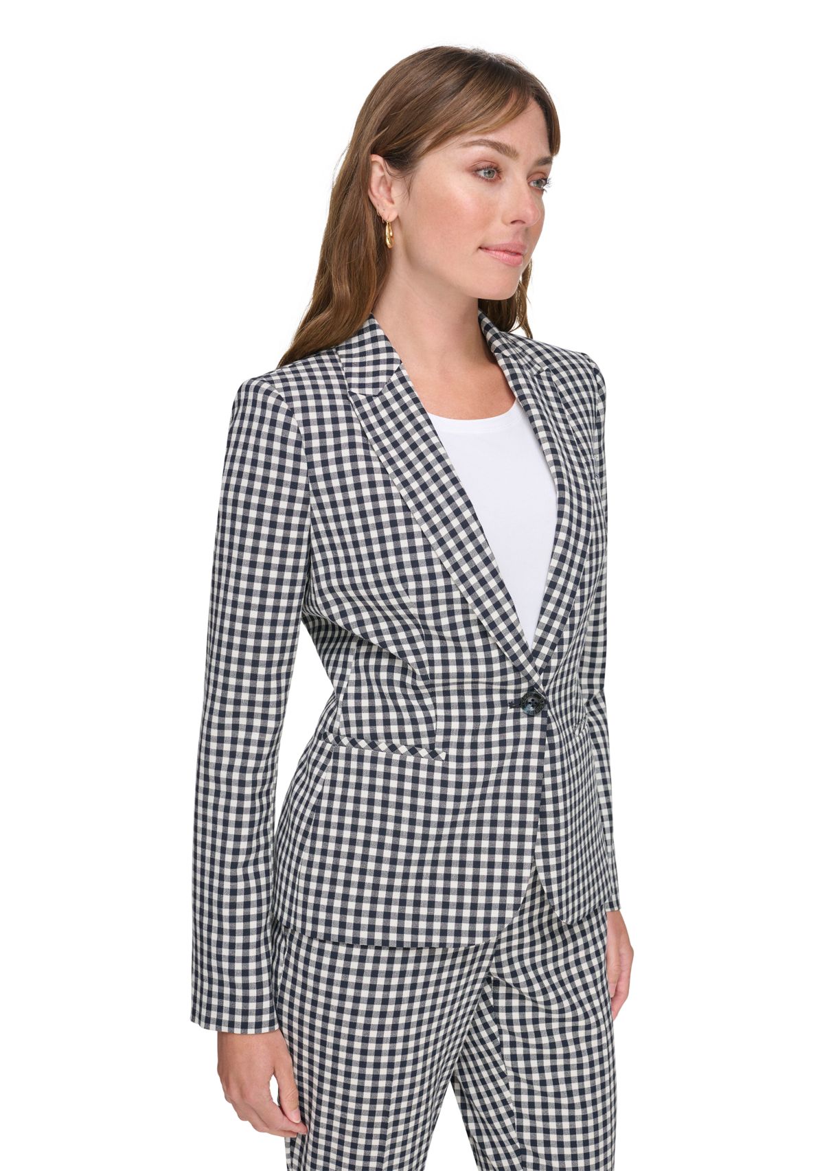 Womens Gingham One Button Blazer